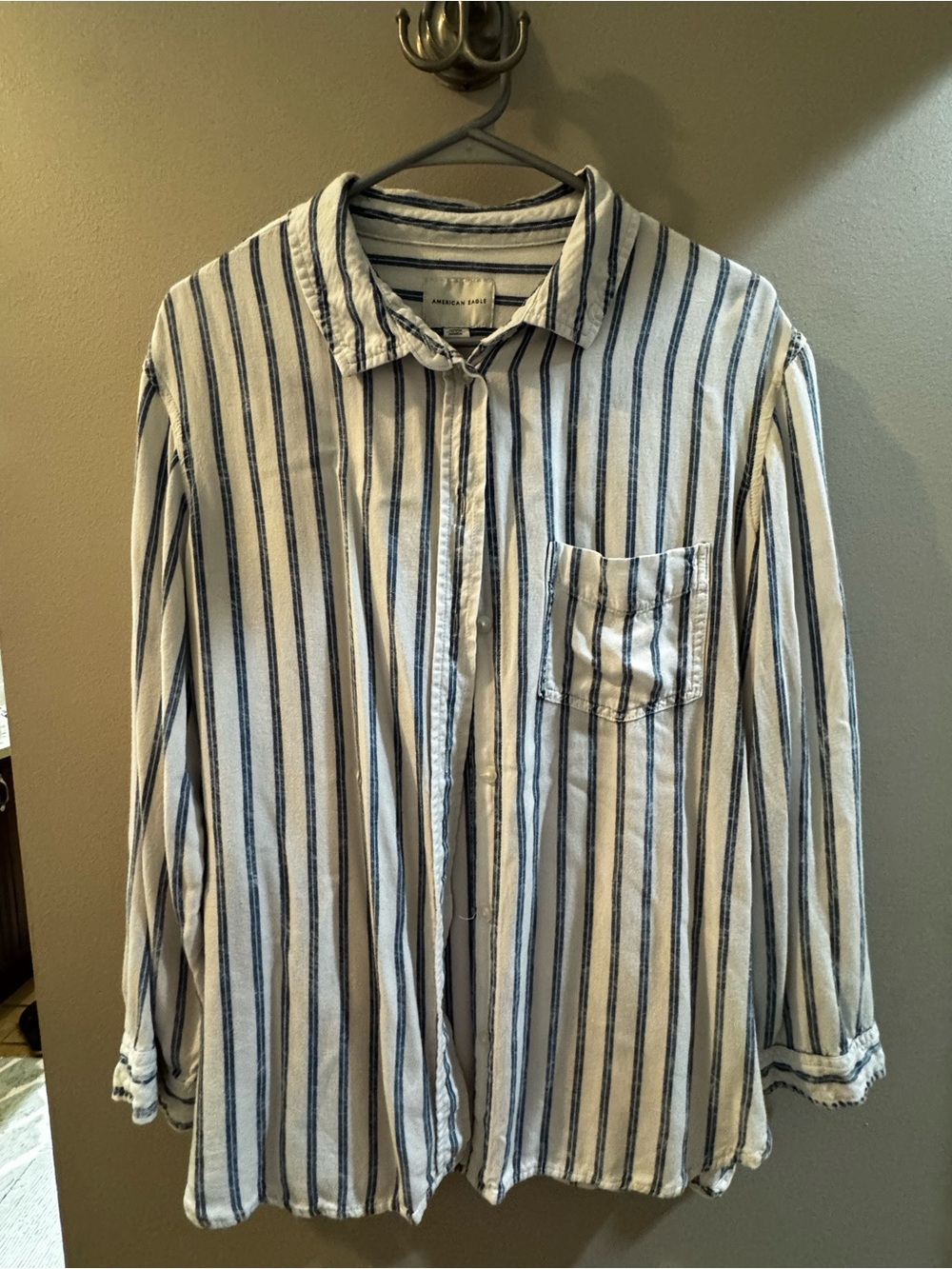 American Eagle Outfitters White and Navy Vertical Stripe Button-Down Shirt